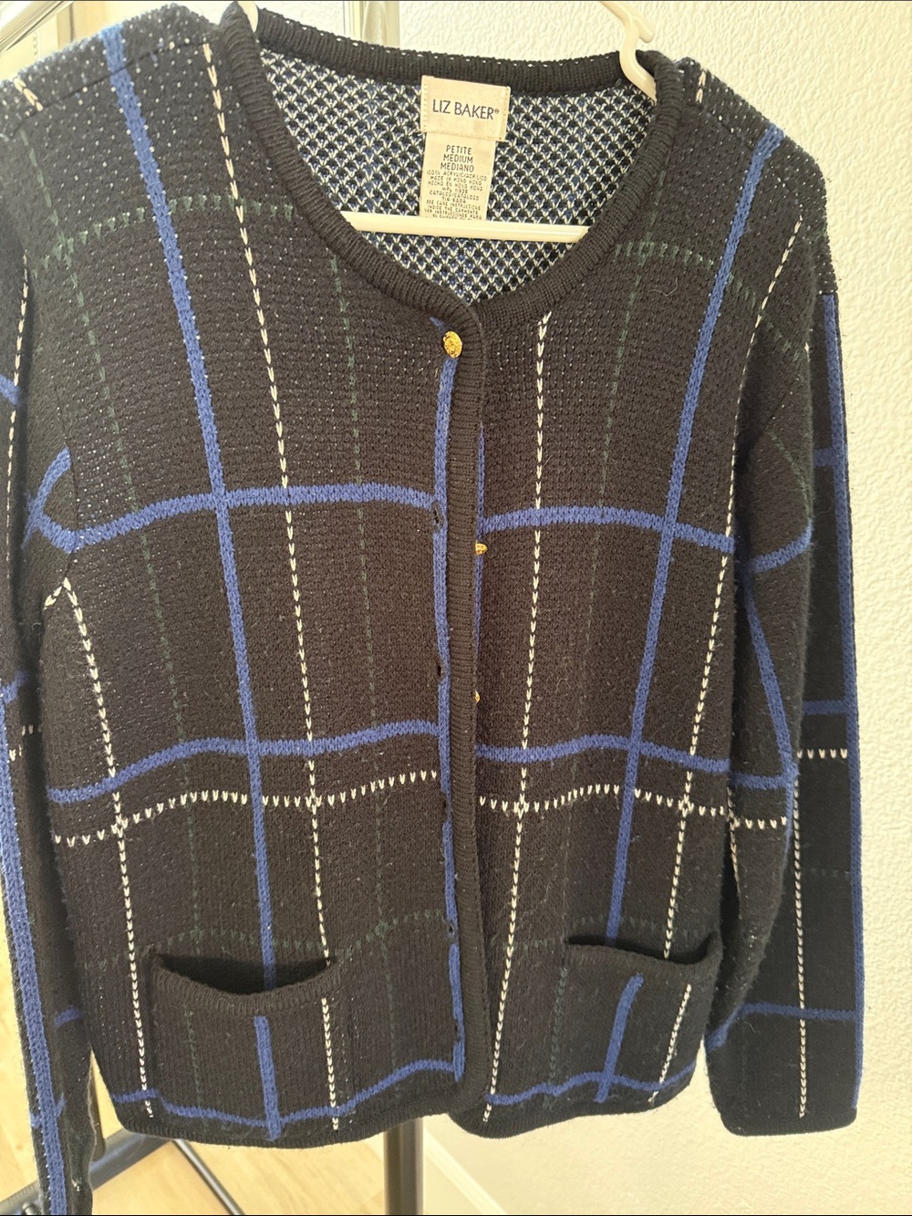 Vintage Liz Baker Black Windowpane Cardigan with Blue & White Accents